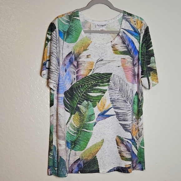 Sag Harbor Tropical Leaf Print Short Sleeve Tee - Picture 1 of 6